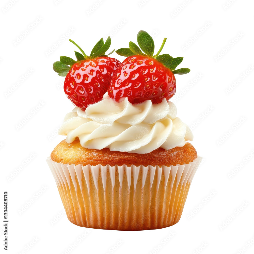 Strawberry muffin cake isolated on a white background, showcasing its vibrant color and fresh fruit topping. PNG Strawberry muffin cake isolated on a white background, showcasing its vibrant color and fresh fruit topping. PNG