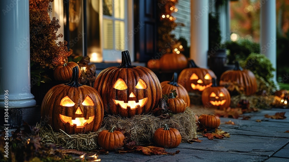 Obraz premium A cozy scene unfolds: orange pumpkins, their grinning faces illuminated by the warm sun, are artfully stacked on a bed of hay or straw, their autumn hues a delightful contrast against the vibrant
