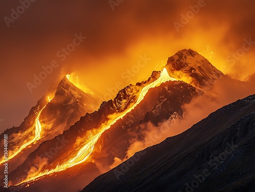Molten Lava Flowing Mountain Peaks