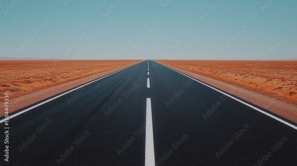 Fototapeta premium Open Highway Stretching into Infinity Under a Blue Sky in a Desert Landscape