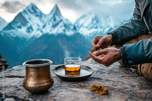 Enjoying tea while sitting on a mountain in the Himalayas