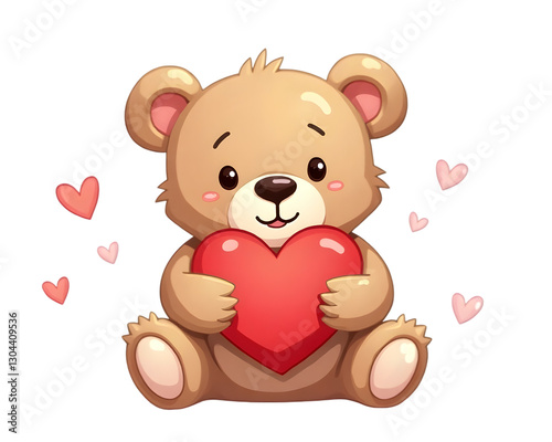 adorable teddy bear with soft plush fur holding a bright red heart featuring a cute expression isolated on white perfect for love, romance, valentines and children's gifts	