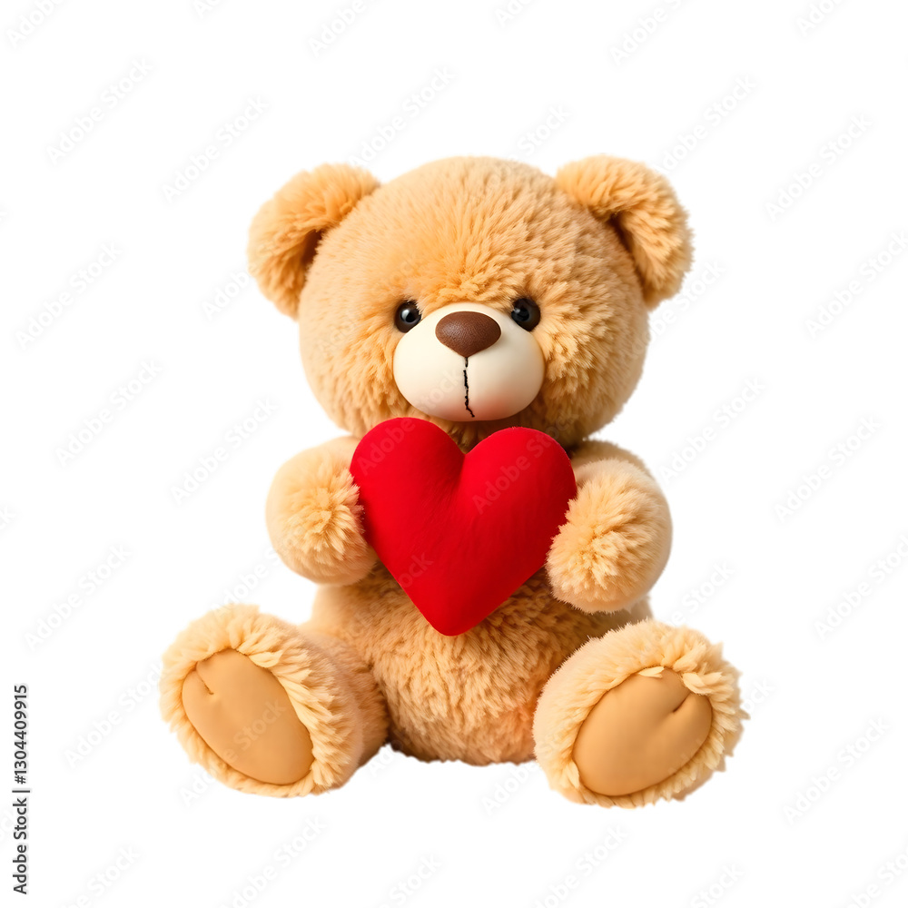 Obraz premium adorable plush teddy bear holding a bright red heart, featuring soft fur, friendly expression and a cute design isolated on white background perfect for love, valentines and gifts 