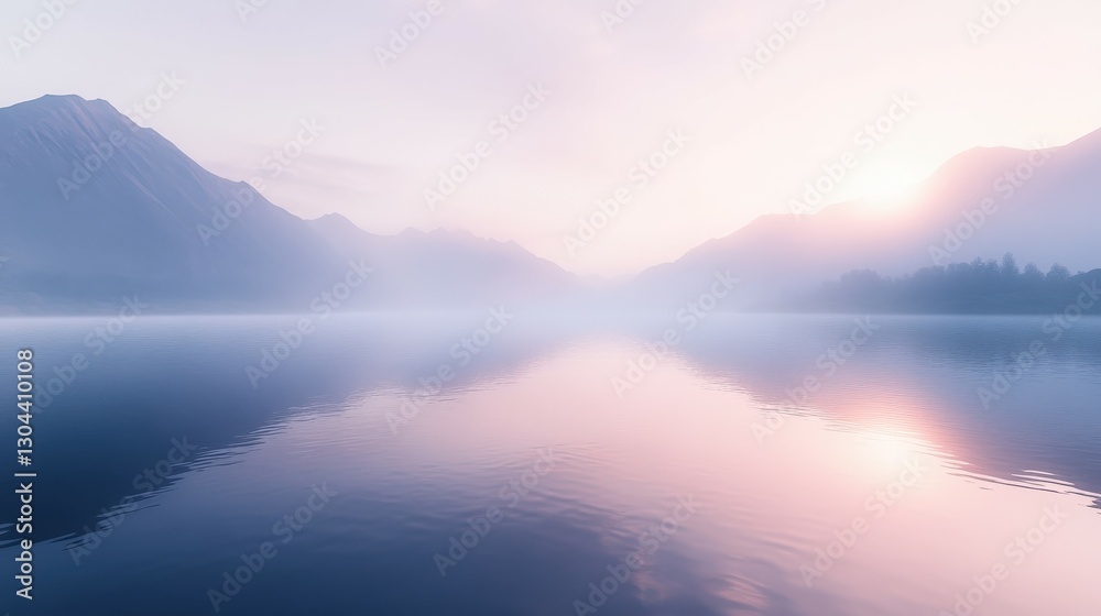 Fototapeta premium Misty morning reflections over a tranquil lake surrounded by mountains