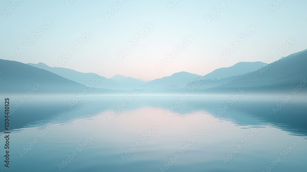 Tranquil fog envelops serene lake surrounded by mountains at dawn Tranquil fog envelops serene lake surrounded by mountains at dawn