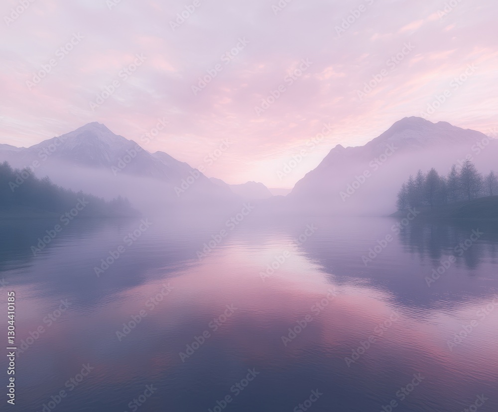 Obraz premium Fog blankets serene lake and mountains at dawn