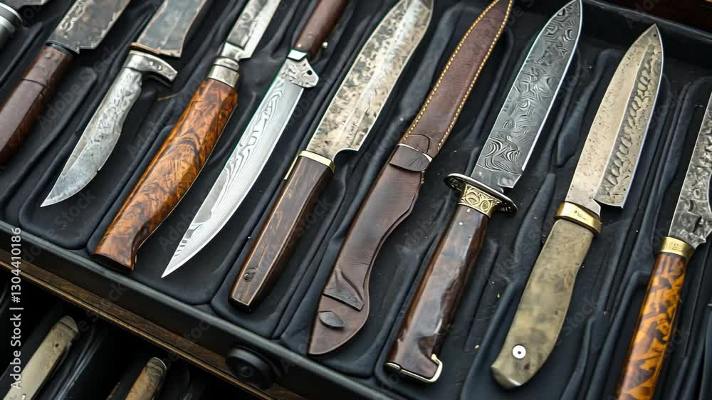 Collection of handcrafted knives displayed in a wooden case with intricate designs Collection of handcrafted knives displayed in a wooden case with intricate designs