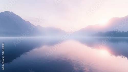 Misty morning reflections over a tranquil lake surrounded by mountains