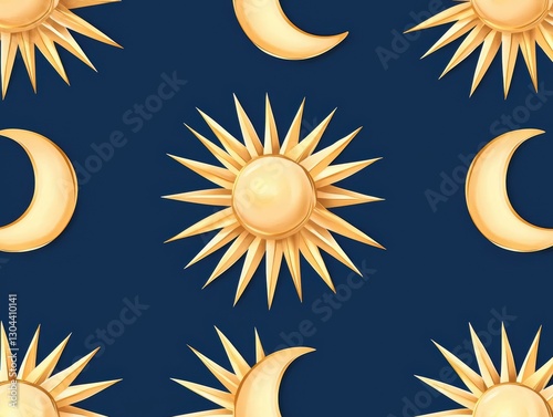 Seamless celestial golden sunburst motifs on deep midnight blue, refined mystical luxury pattern, sophisticated high-end cosmic aristocratic elegance photo