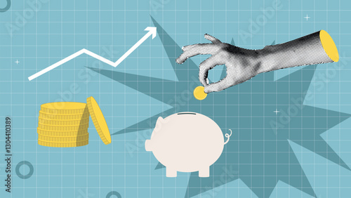 Trendy Minimalist collage with hand.Finance-themed banner.Concept of business,banking,savings, finance, sales.Web banner, social media banner,business presentation.Piggy bank and stack of coins.