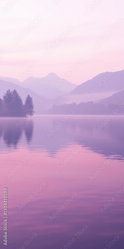 Obraz premium Misty mountains and tranquil lake at dawn under fog
