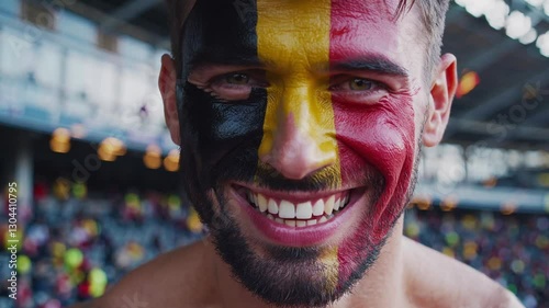Smiling Belgian man with face painted in Belgium flag colors, passionate sports fan, national pride at stadium  
