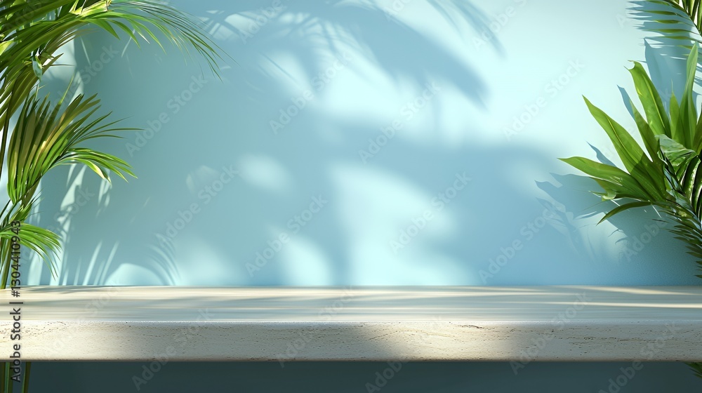 White Shelf Display with Tropical Palm Leaves and Blue Wall Background White Shelf Display with Tropical Palm Leaves and Blue Wall Background