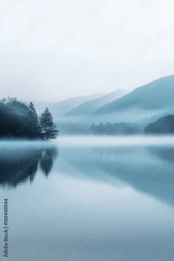 Fototapeta premium Tranquil fog envelops serene lake surrounded by mountains