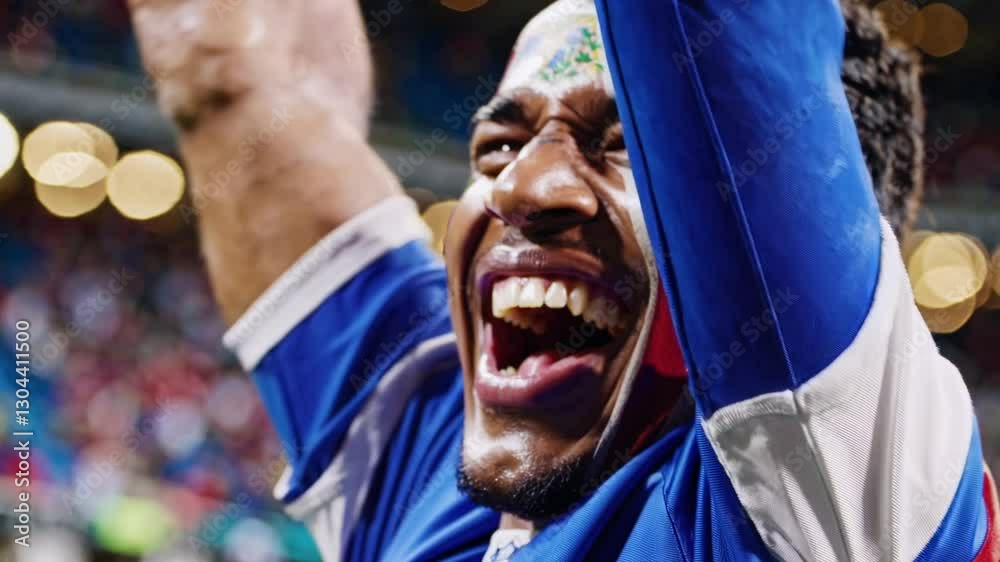 Ecstatic Belizean man with face painted in Belize flag colors, cheering sports fan, national pride at stadium  
