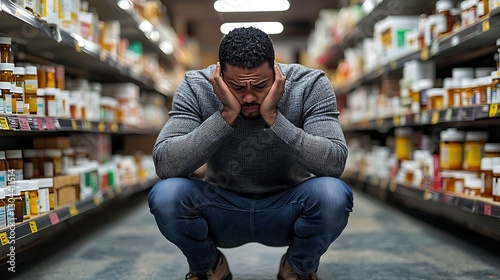 Stressed Man in Pharmacy Aisle