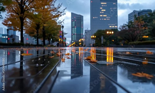 Rainy Autumn Evening in the City: Reflections on a Wet Pavement