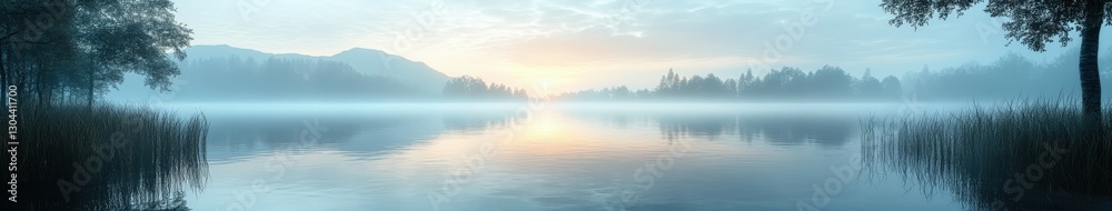 Misty lake surrounded by trees at dawn Misty lake surrounded by trees at dawn