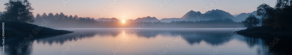 Fototapeta premium Foggy sunrise over a tranquil lake surrounded by mountains