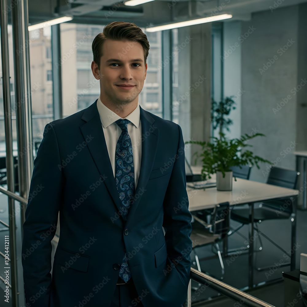 Young businessman smiling in modern office setting Young businessman smiling in modern office setting