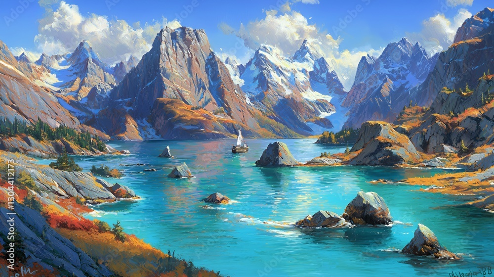 Obraz premium Serene Mountain Lake Landscape with Sailboat