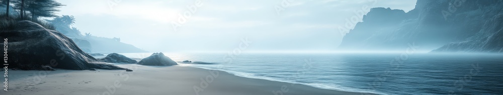 Fototapeta premium Fog envelops serene beach landscape at dawn