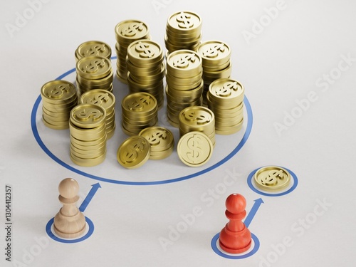 Two pawns and symbolic golden coins Concept of economic or income inequality and economic gap between rich and poor.Made and rendered in C4D, not AI.