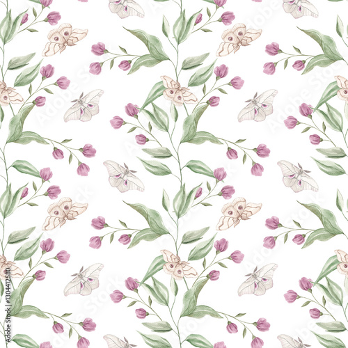 Watercolor pattern, butterflies. Silk moth. Watercolor seamless pattern. Garden motifs. Home textile. Night butterfly. Plant motif. Scrapbooking. Wallpaper.