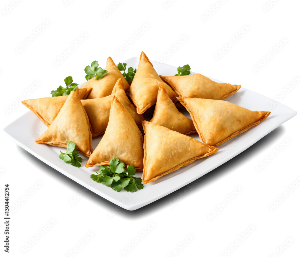 A plate of triangular samosas with a crunchy golden-brown shell, garnished with fresh cilantro. Transparent background 2 A plate of triangular samosas with a crunchy golden-brown shell, garnished with fresh cilantro. Transparent background 2