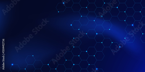 Abstract digital technology with hexagon pattern and glowing points on gradient blue color creates a modern and futuristic look
