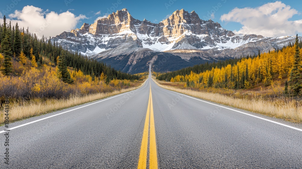 Fototapeta premium Open Road Through Autumnal Landscape Towards Majestic Snow-Capped Mountains