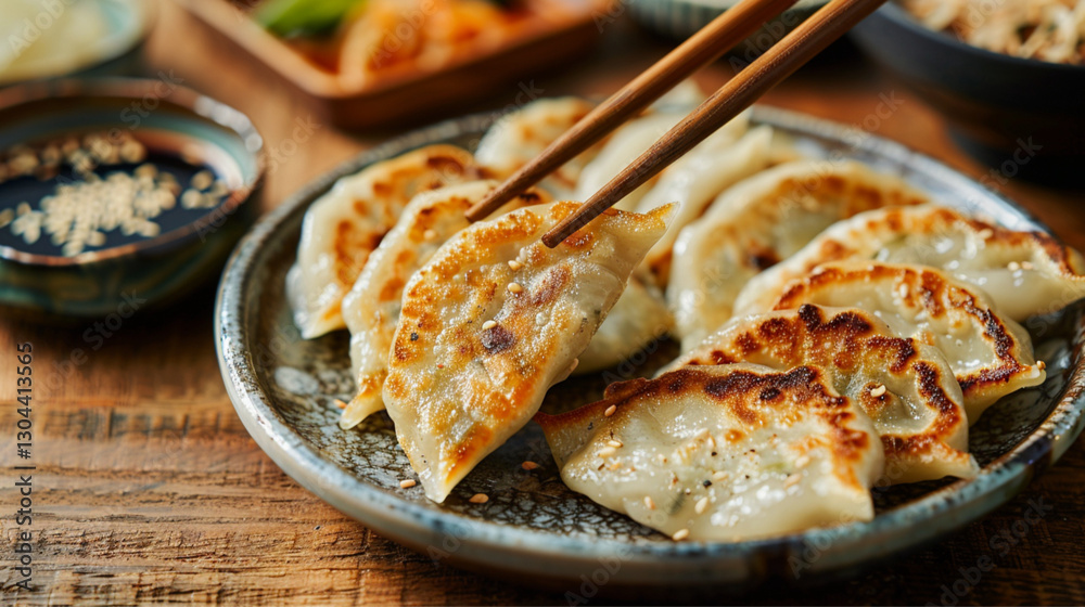 food photograph of dumplings, extremely thin and crispy, golden-brown with a slightly translucent surface, resting on a traditional Korean ceramic plate. food photograph of dumplings, extremely thin and crispy, golden-brown with a slightly translucent surface, resting on a traditional Korean ceramic plate.