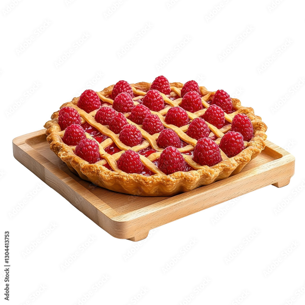Raspberry pie on a wooden tray isolated on a white background, giving a rustic and homely feel. PNG Raspberry pie on a wooden tray isolated on a white background, giving a rustic and homely feel. PNG