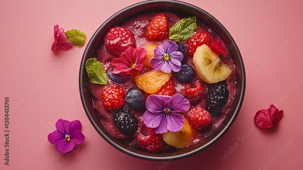 A top-down shot of a colorful acai bowl with fresh fruit toppings and edible flowers A top-down shot of a colorful acai bowl with fresh fruit toppings and edible flowers
