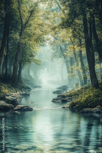 Exploring foggy waterways in a serene forest landscape