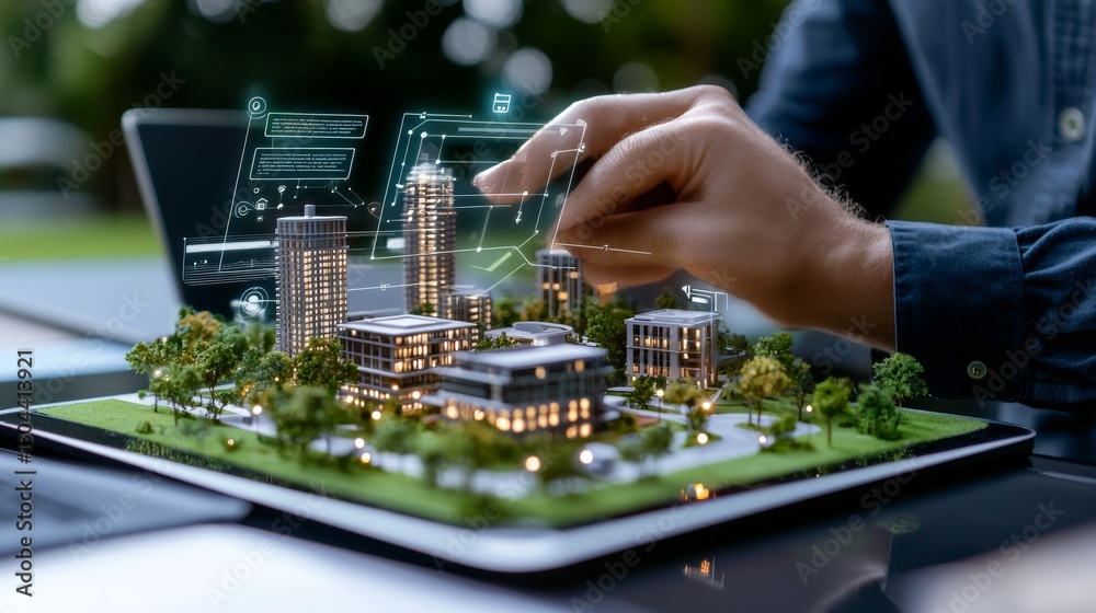 Obraz premium Innovative urban development model virtual workspace digital render modern city planning bird's eye view smart technology insights