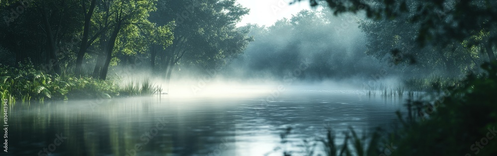 Fototapeta premium Fog gently rises over a tranquil river in the early morning