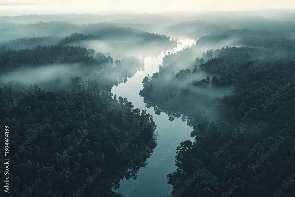 Obraz premium Fog envelops river winding through lush forest at dawn