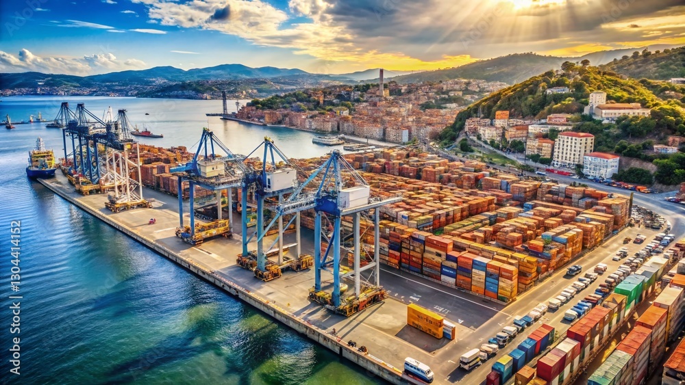Obraz premium Aerial View of Imperia's Commercial Port Featuring Ancient Cranes