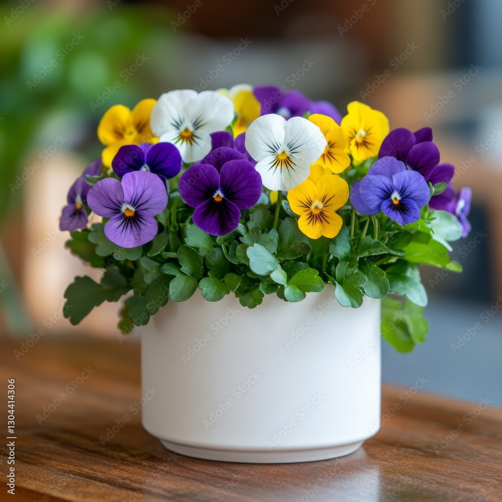 custom made wallpaper toronto digitalA beautiful arrangement of pansy flowers in a modern white pot. The vibrant colors of purple, yellow, and white brighten the indoor space, adding a touch of nature and elegance. AI
