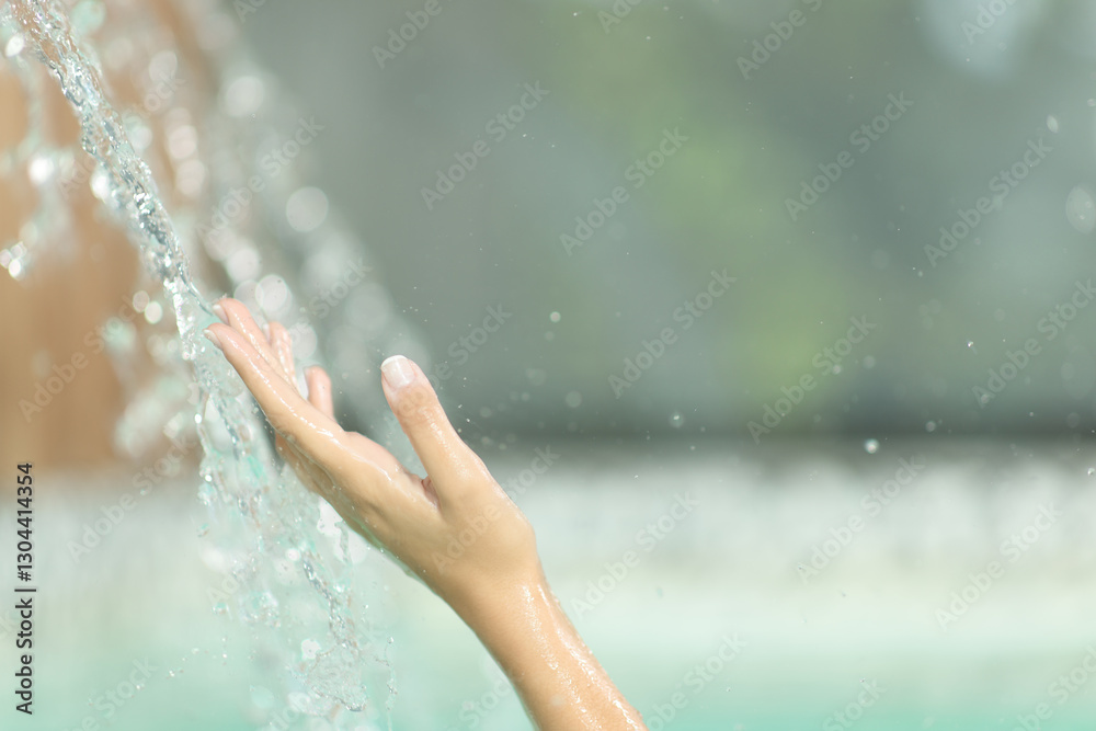 Woman hand touching water jet in spa pool Woman hand touching water jet in spa pool