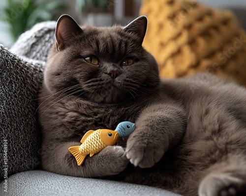 British Shorthair Cat with Fish Toys