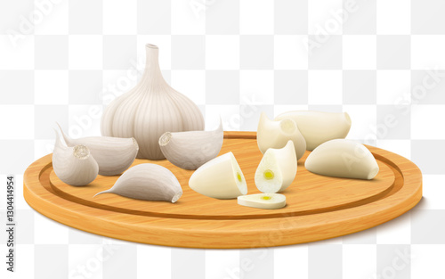 Whole garlic head and garlic cloves on a cutting board isolated on white background. Spice ingredient for cooking and healthy nutrition or condiment product package design. Realistic 3d vector