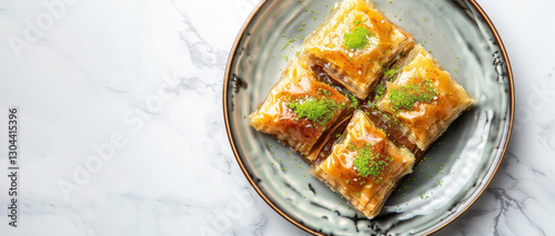 top view baklava on white background, food studio shot