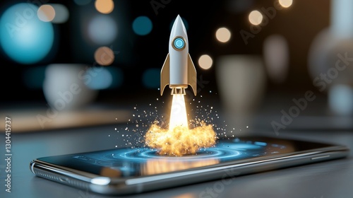 Rocket launch animation on smartphone digital technology showcase modern office environment creative perspective innovative concept