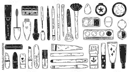 Set of different cosmetics. Face makeup tools doodles. Cute cartoon mascaras, liners, lipsticks, lip gloss, shadows. Vector hand-drawn line illustrations on white background