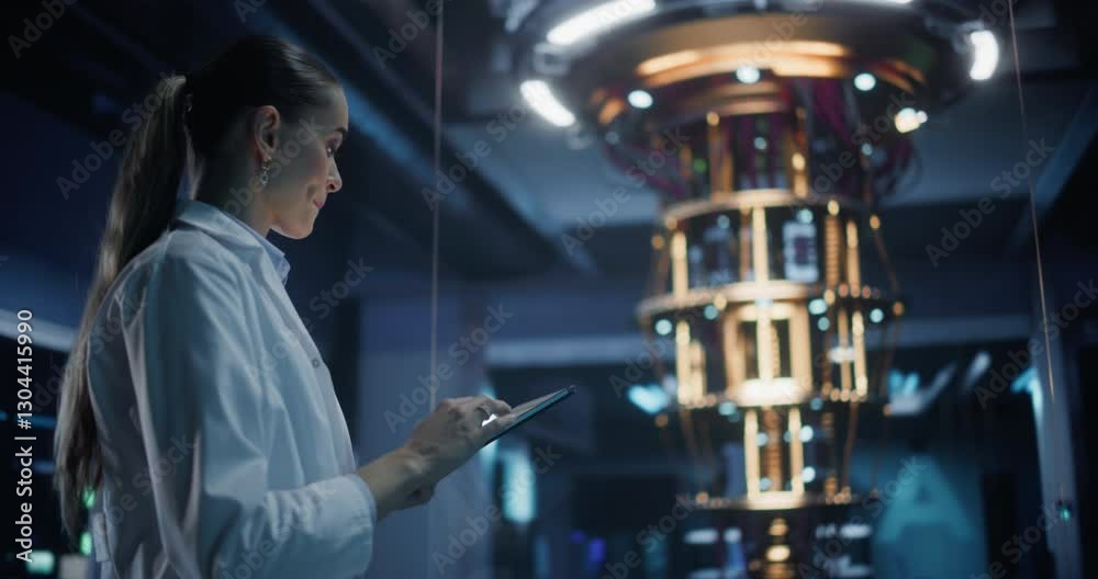 Female Scientist Using a Tablet to Monitor the Work of a Quantum Computer, Focusing on Data Flow, Compute and Hardware Stability. Futuristic Dark Setting with Advanced Technological Office Female Scientist Using a Tablet to Monitor the Work of a Quantum Computer, Focusing on Data Flow, Compute and Hardware Stability. Futuristic Dark Setting with Advanced Technological Office