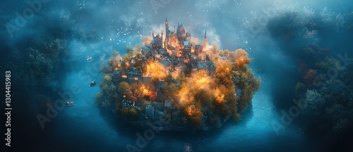Enchanted underwater city nestled within a vibrant coral reef. Glowing lights illuminate the mysterious metropolis, a magical underwater kingdom.