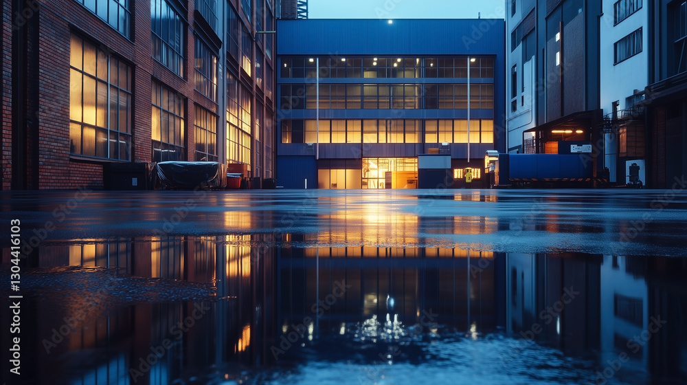 Obraz premium Large modern blue warehouse exterior with wet asphalt reflection at sunset, industrial building.