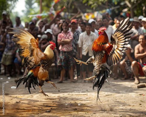 A dynamic cockfight with roosters engaged in battle while surrounded by an attentive crowd in a tropical village setting.